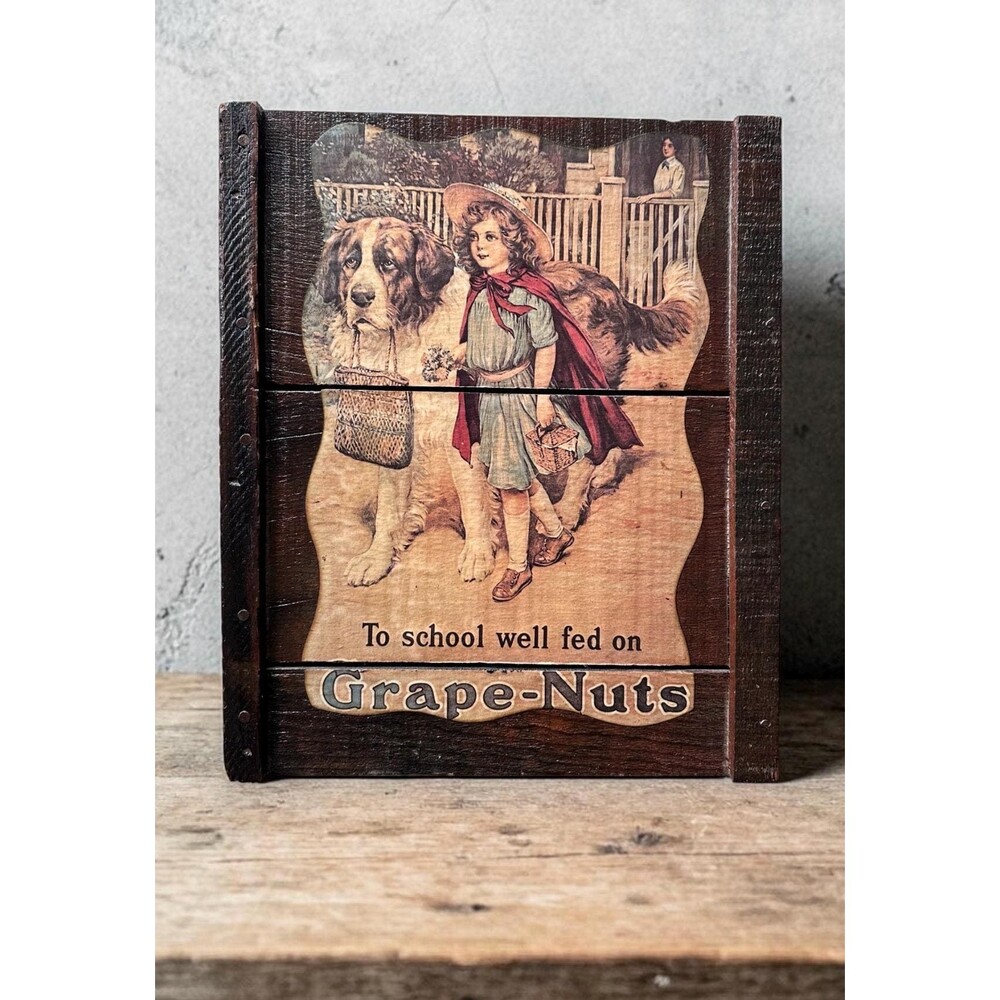 Vintage Grape-Nuts Wood Sign – Girl, St. Bernard Cereal Ad (14.5" x 12")